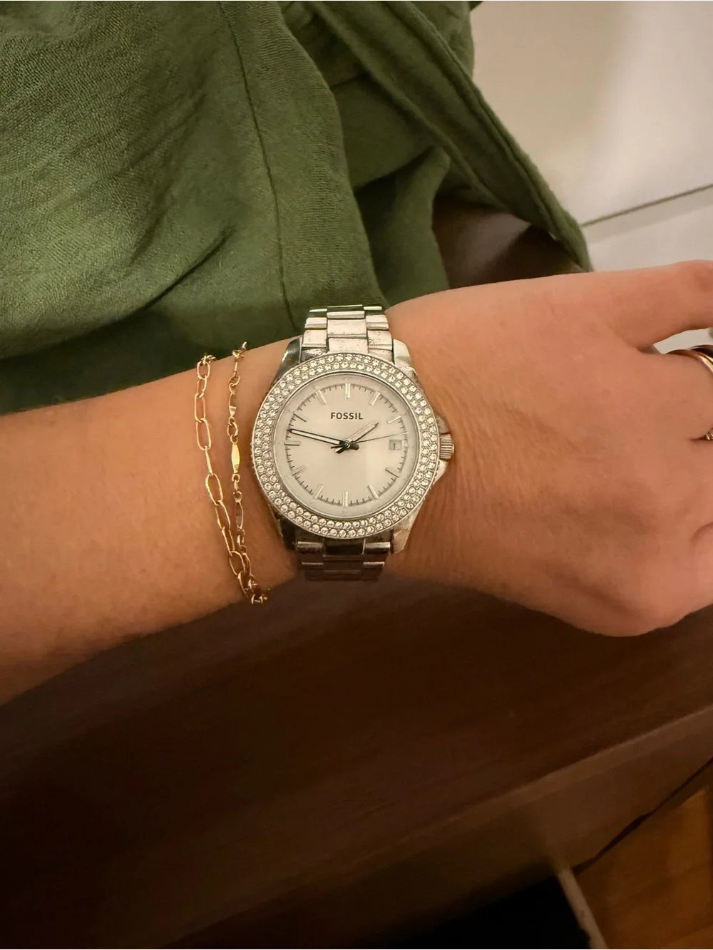Fossil Silver Crystal-Trim Stainless Steel Women's Bracelet Watch